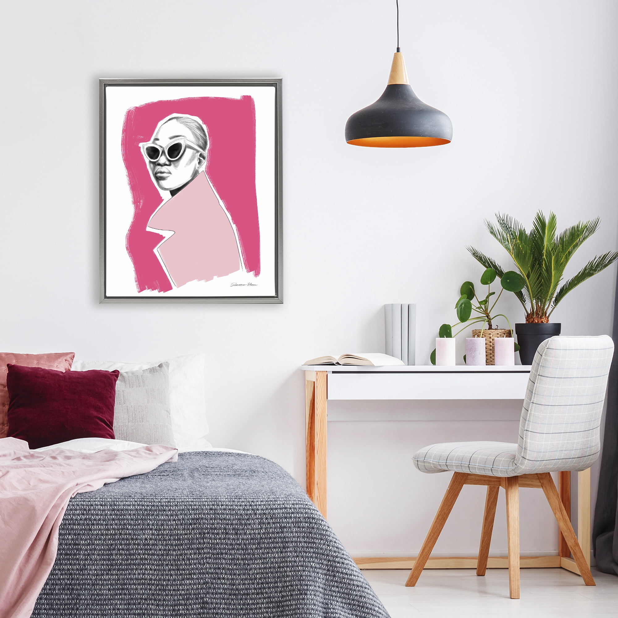 Stupell Industries Pink Attitude Fashion Portrait Gray Framed Floater Canvas Wall Art, design by Simone Elum