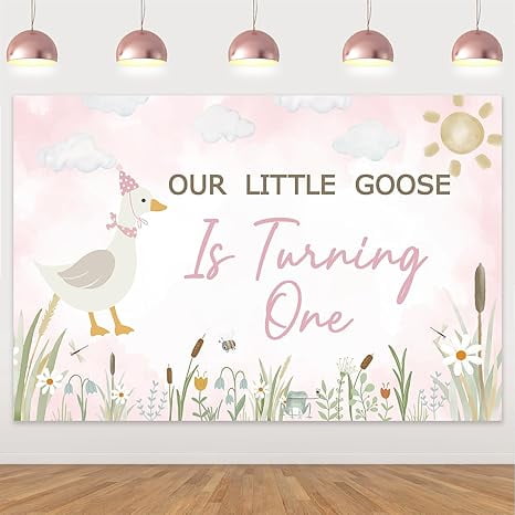 Our Little Goose is Turning One Backdrop Goose 1st Birthday Party Decorations Watercolor Cartoon Little Goose Backdrop Banner for Girls Boys First Birthday Party Supplies 5x3ft (Pink)