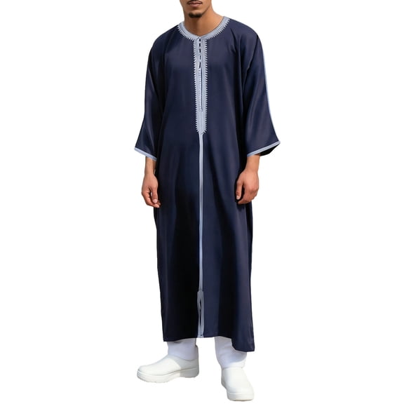 FRSASU Muslim Clothes for Men Crew Neck 3/4 Sleeve Kaftan Thobe Moroccan Thobe Islamic Clothing Dubai Robes with Embroidered and Buckle Blue