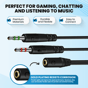 3.5 mm Headphone Jack to Two Microphone and Headphone 3.5 mm AUX Audio Cable Splitter, Smartphone Headset to PC Adapter, Black