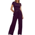 thumbnail image 4 of fheaev Summer 2 Piece Outfit for Women Ruched Short Sleeve Crewneck Tops Wide Leg Pants with Pockets Casual Tracksuit Sets, 4 of 7