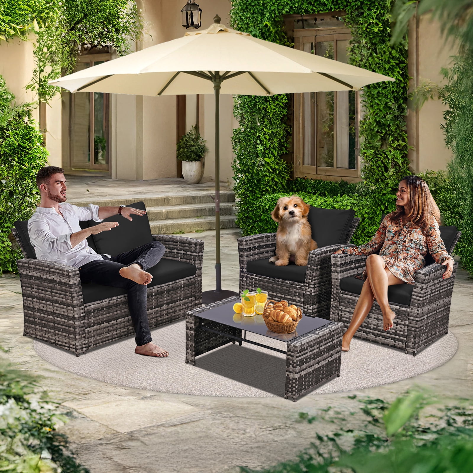 4 Piece Outdoor Patio Furniture Set,Wicker Conversation Sets Outdoor Sectional Patio Sofa Couch with Cushions & Coffee Table for Outside, Garden, Balcony, Porch,Grey/Black