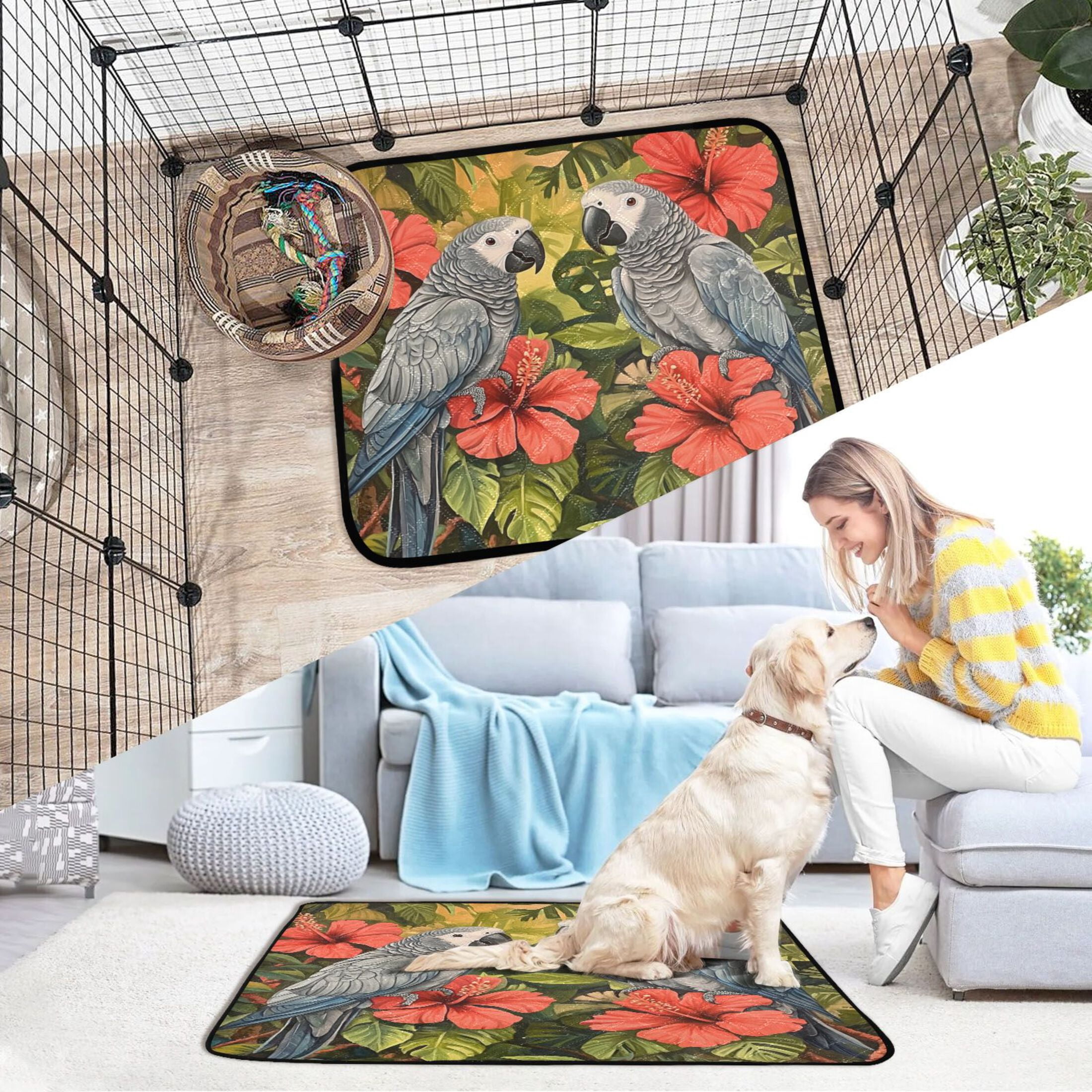 Qxltty Two Playful Gray Parrots Cat litter Pads Pet Set of 3 Diaper Mats Center Anti-leakage Layer Absorbent Soft and Comfortable