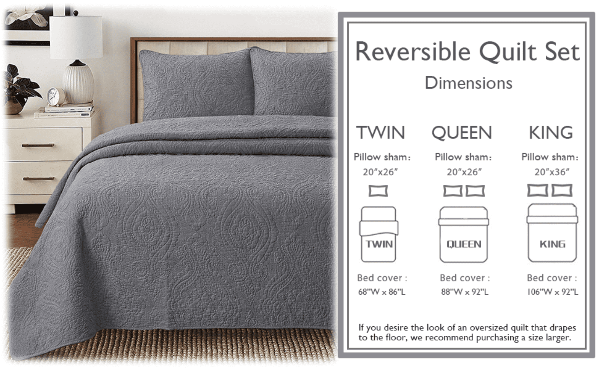 Cozy Line Gray Chic Brocade Matelassé Medallion 3 Piece Cotton Quilt Bedding Set, Queen - Reversible ( 3 Count)