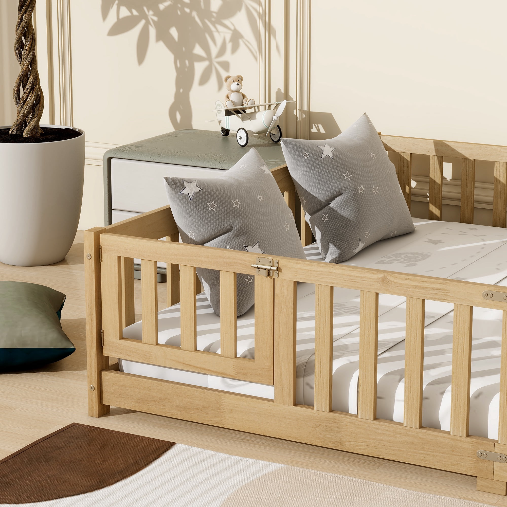PAPROOS Queen Floor Bed Frame, Wood Floor Platform Bed with Fence and Door, No Box Spring Needed, Modern Queen Size Montessori Floor Bed for Little Girls Boys, Playhouse Bed Frame, Natural