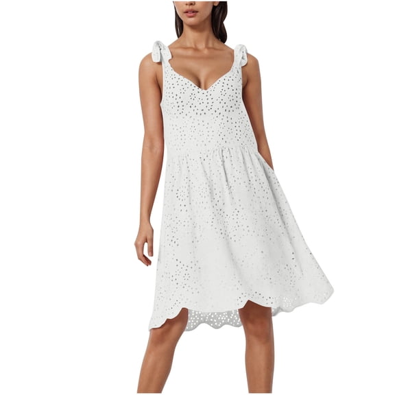 Womens Plus Size Summer Dresses Solid Color V-neck Sleeveless Lace Shoulder Strap Hollow Out Embroidery Waist Dress