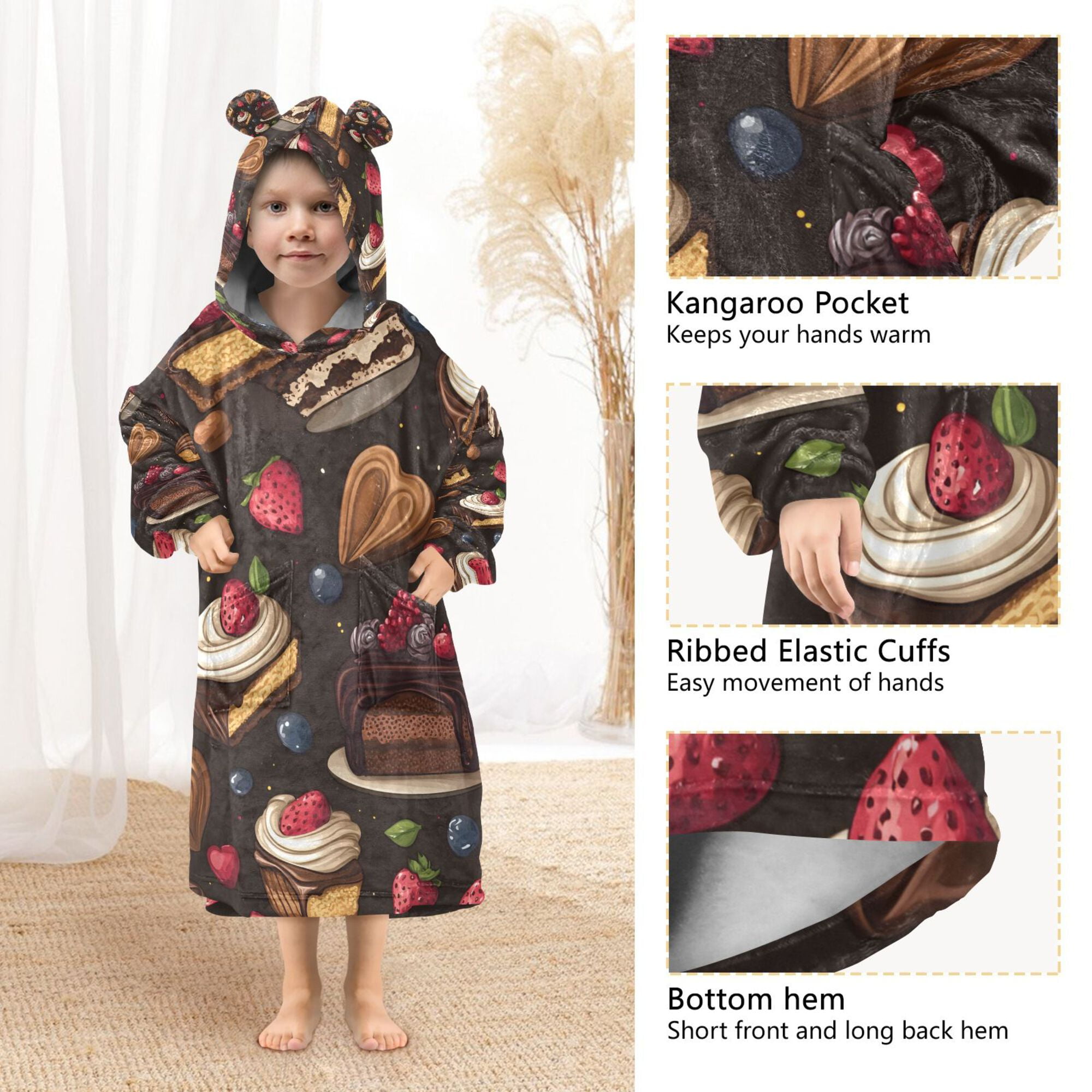 FORMRS Wearable Blanket Hoodie with Sleeves for Kids Cozy Flannel Sweatshirt, Chocolate Cakes