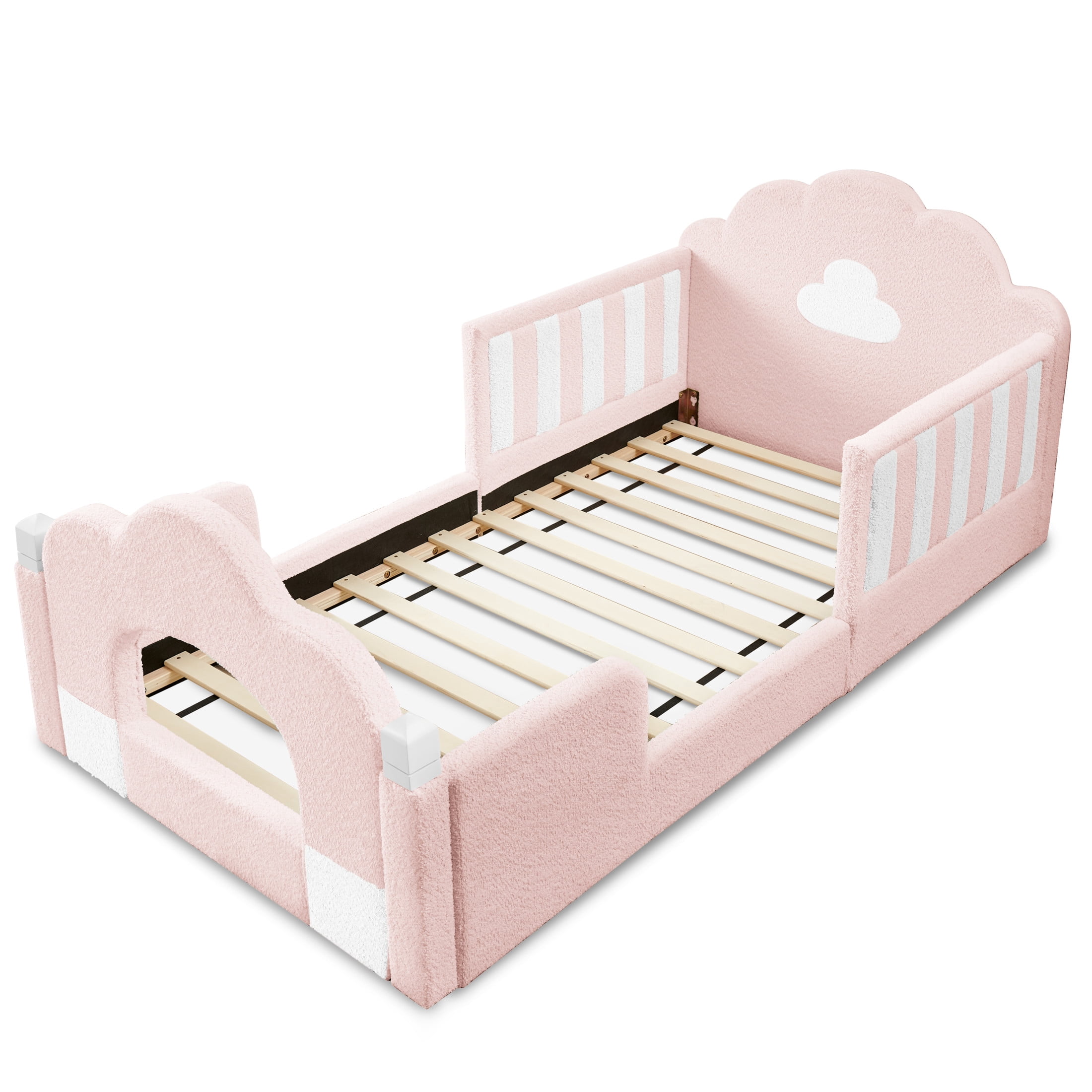 GDF Studio Arvion Twin Size Cloud Bed with Safety Guardrails & Solid Wood Frame, Boucle Fabric Upholstered Bed, Pink