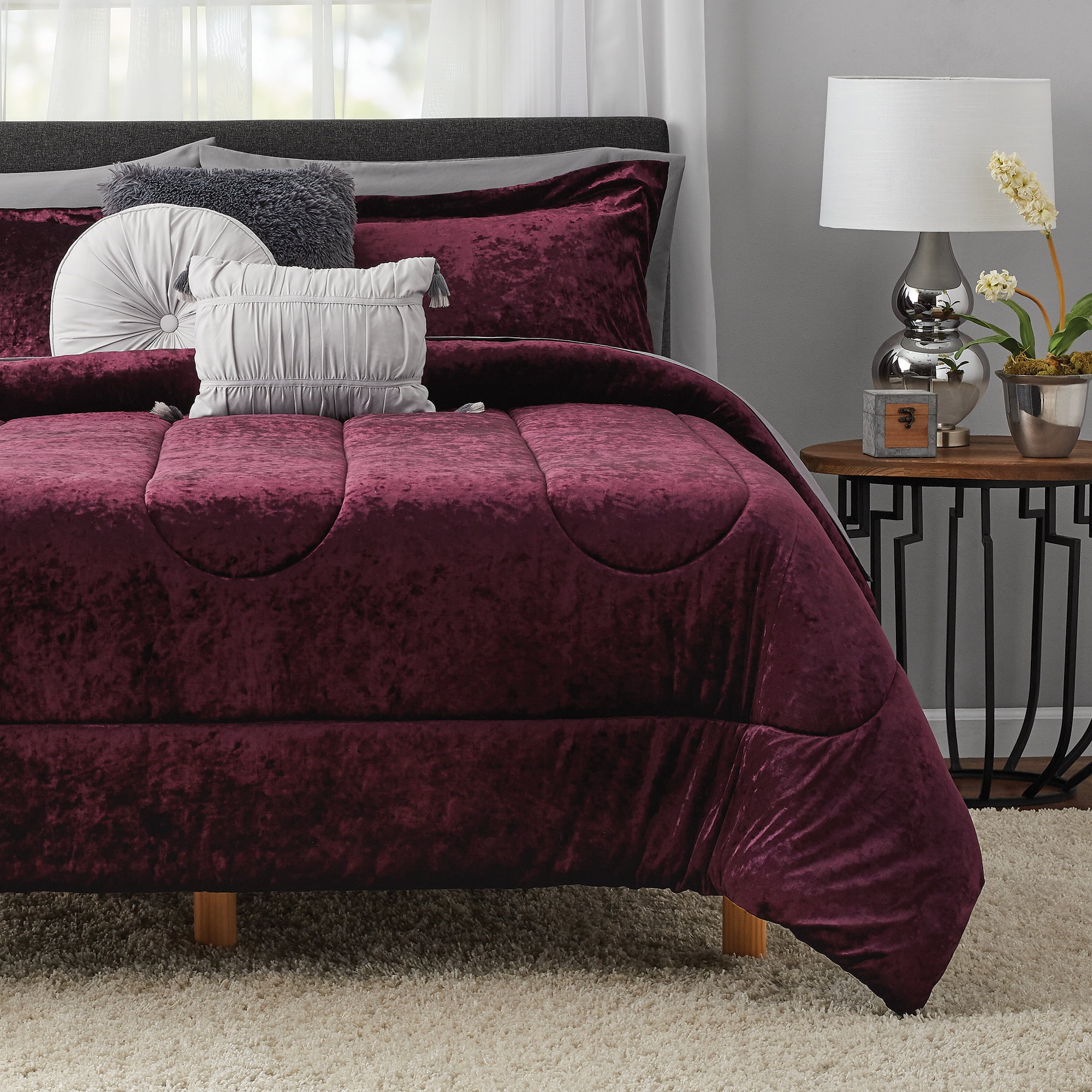 Mainstays Purple Velvet 10 Piece Bed in a Bag Comforter Set With Sheets, Queen