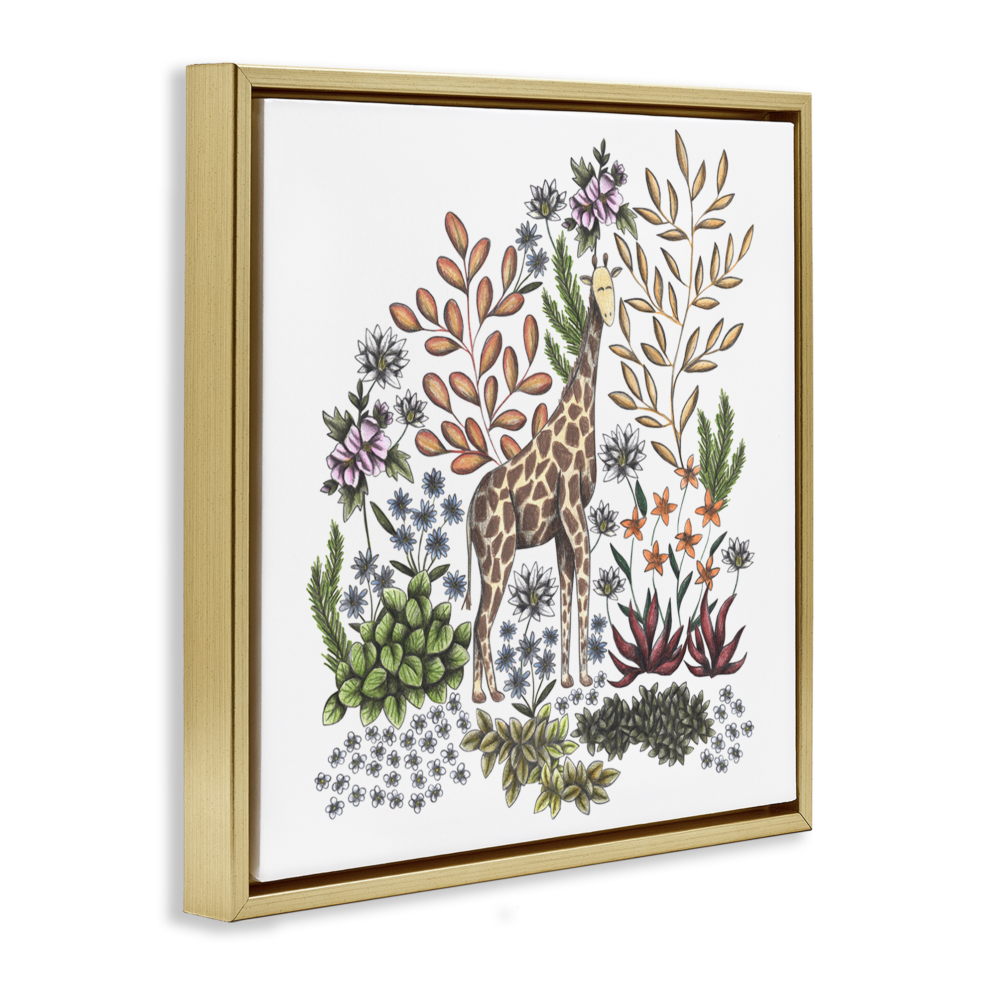 Jungle Wildlife Giraffe Gold Framed Floater Canvas Wall Art, design by Cecilia Battaini