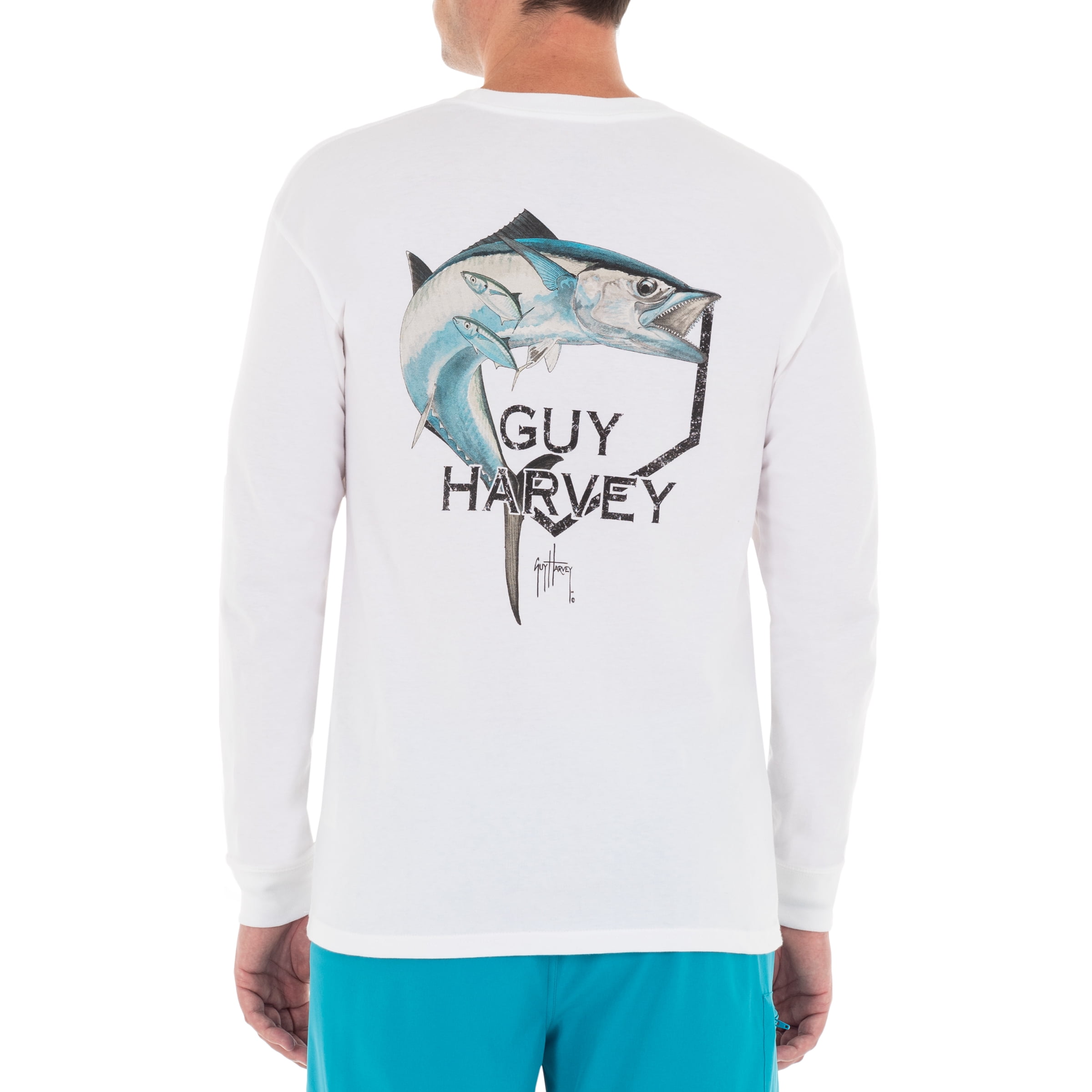 Guy Harvey Men's Kingfish Core Long Sleeve Pocket White TShirt