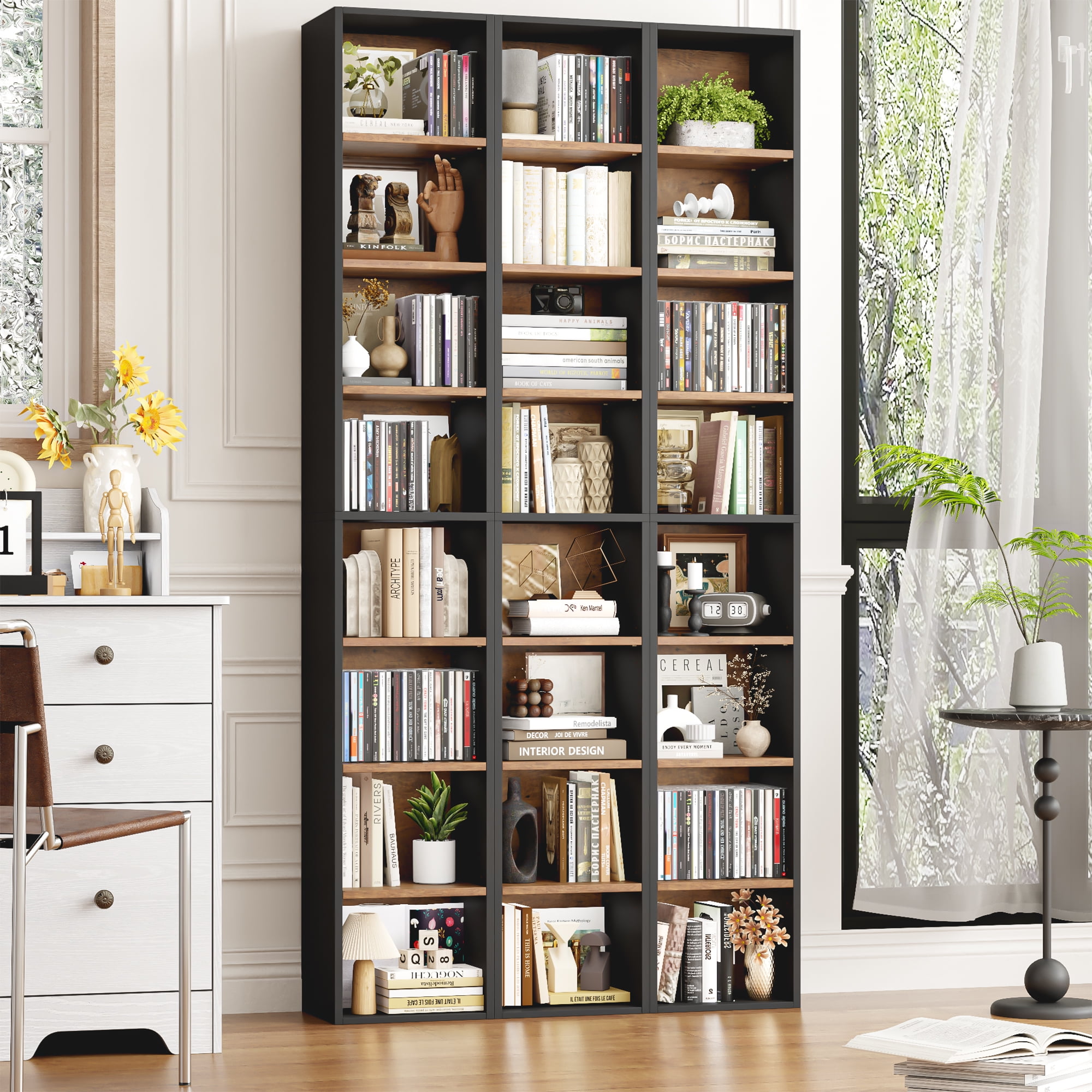 Homfa 8-Tier Wood Bookcase,71''Tall Storage Cube Organizer with Adjustable Shelves for Living Room Bedroom,2PCS,Black+Vintage Oak