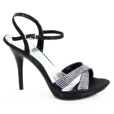 Evening High Heels - Sanyo129x by Sully's, Black Glitter Women Iridescent Rhinestone Stiletto Evening High Heel