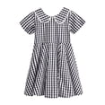 thumbnail image 5 of Girls Short Sleeve Gingham Plaid A-Line Dress Lace Peter Pan Collar Flared Summer Sundress Kids Daily Outdoor Casual Princess Dress(Black,7-8 Years), 5 of 7