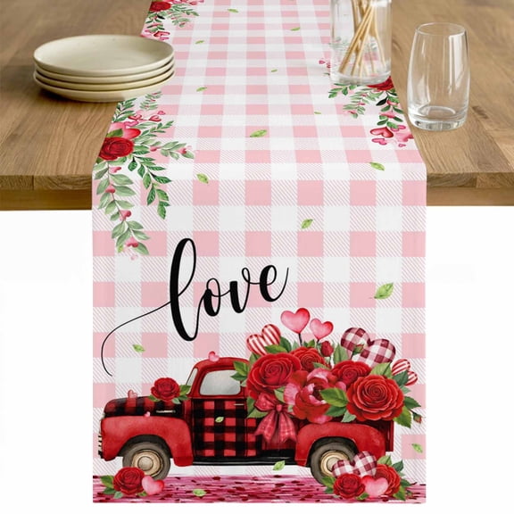 Valentine's Day Table Runner - 48 Inch Long Red Truck Roses Love Leaves Pink Plaid Cotton and Linen Blended Dress Scarves Farmhouse Table Runner for Kitchen Dining, Coffee Table, 13" x 48"