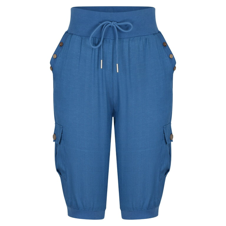 JWZUY Women's Plus Size Drawstring Cargo Capri Pant Lightweight Cotton  Linen Cropped Jogger Pants Summer Pants with Pocket 1-Gray Medium 
