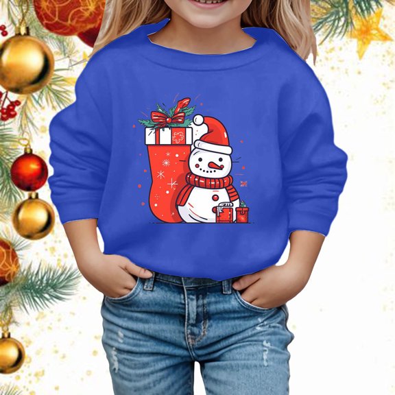 Girls Sweatshirt Kids Christmas Snowflake Hoodless Long Sleeve Pullover Blue 5-6 Years