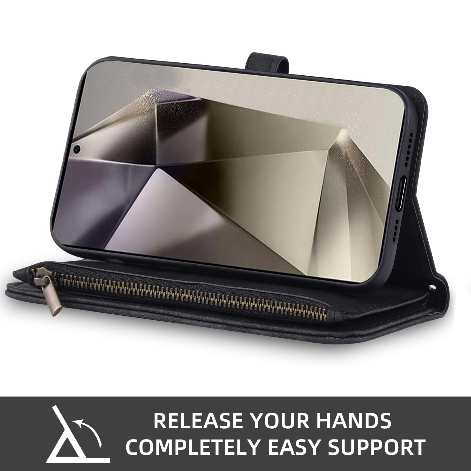 Asuwish Phone Case for Samsung Galaxy S24 Ultra 5G Wallet Cover With Tempered Glass Screen Protector Crossbody Wrist Strap Flip Pattern Zipper Credit Card Holder Cell S24Ultra 24S S 24 24Ultra Black