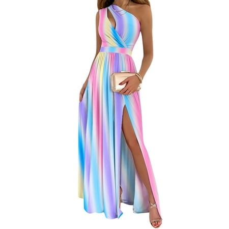 

Calsunbaby Women One Shoulder Dress Summer Ladies Floral Tie Dye Pattern Sleeveless Split Hem Pleated High Waist One Piece Skirt