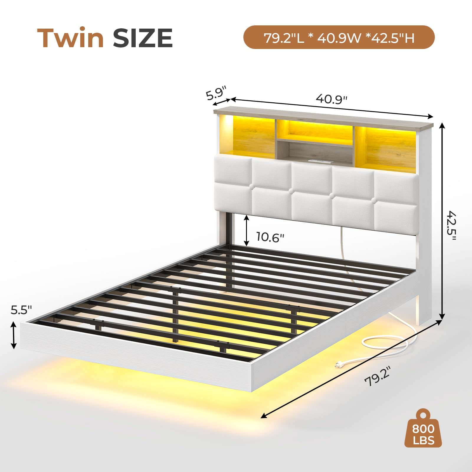 Floating Bed Frame Twin Size with Headboard and Storage, Upholstered Twin Platform Bed Frame with USB & Type C Charging Station and LED Lights, Hidden Storage, No Box Spring Needed, White