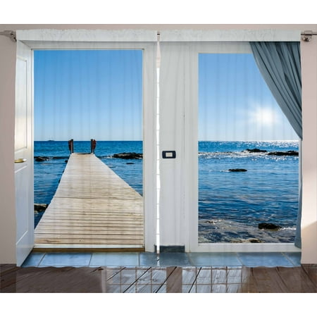 Elegant Coastal Living Rooms Beach Curtains 2 Panels Set, Coastal Theme with the Ocean Sea Sunny Day Scenery with Patio from Window, Window Drapes for Living Room Bedroom, 108W X 63L Inches, Pale Blue and White, by Ambesonne ()