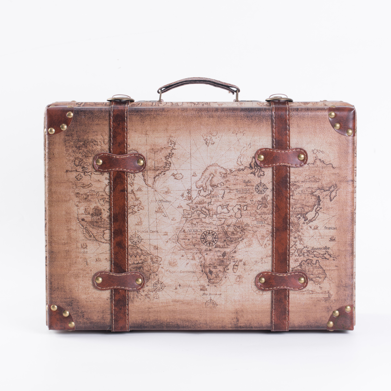 Set of 2 Vintage-Style World Map Leather Suitcase Trunks with Straps and Handle - image 2 of 6