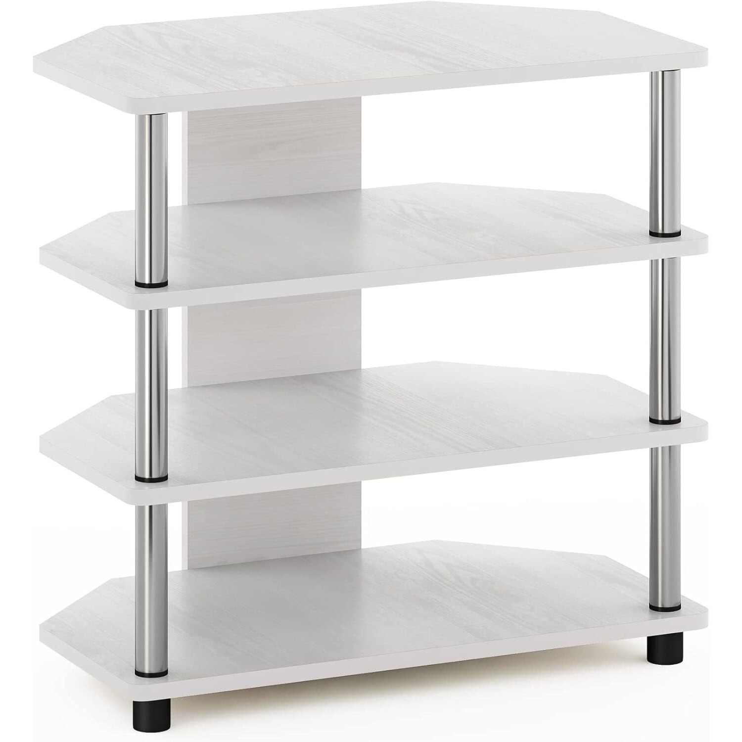 Gothic Glamour Easy Assembly 4-Tier Petite TV Stand 23.7W x 23.2H x 14.6D Inches White Oak White Stainless Steel Tubes Holds Up to 32 Inch Flat Screen TV