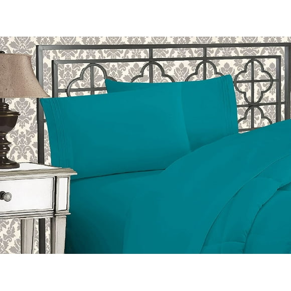 ERDS-Luxurious Premium Hotel Quality Microfiber Three Line Embroidered Softest 4-Piece Bed Sheet Set, Wrinkle and Fade Resistant, California King, Turquoise