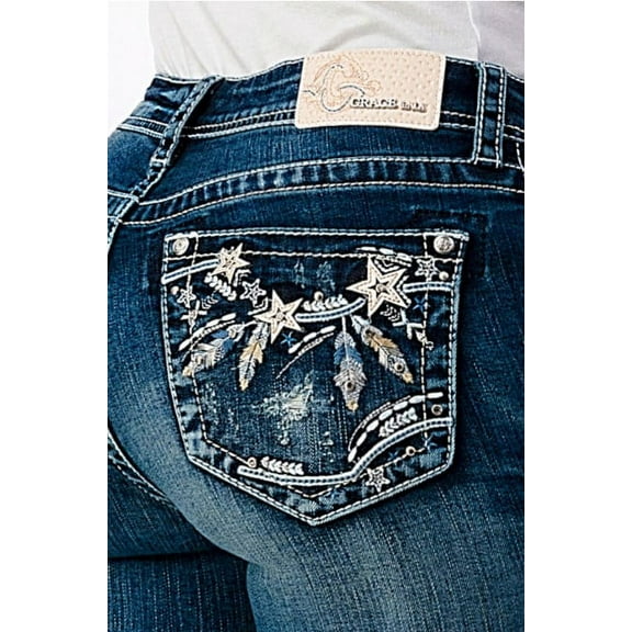 Grace in LA Women's Feather & Star Embroidered Distressed Bootcut Stretch Jeans (25)