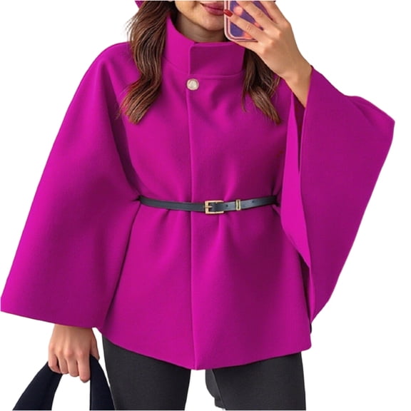 Women's Fashion Solid Waist Tie Woolen Cape Coat Outerwear for Unique and Stylish Appearance,Hot Pink,2XL