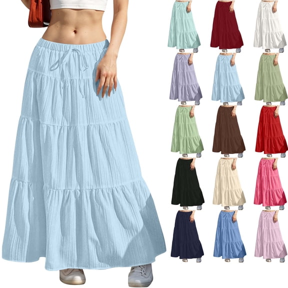 DYTTDG Women's Tiered Maxi Skirt | Solid Color Elastic Waist A-Line Skirt, Casual Flowy Long Skirt for Summer, Beach & Daily Wear