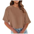 thumbnail image 1 of BVOFAR T-Shirts Décontractés à Manches Mi-Longues pour Femmes Épaules Tombantes Col Rond Crop Tops Été Couleur Unie Tees 2025, 1 of 7