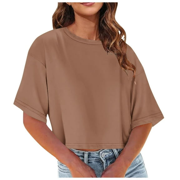 UAMVSH Women Half Sleeve Cropped T-Shirts Trendy Round Neck Crop Tops Casual Summer Solid Color Basic Tees