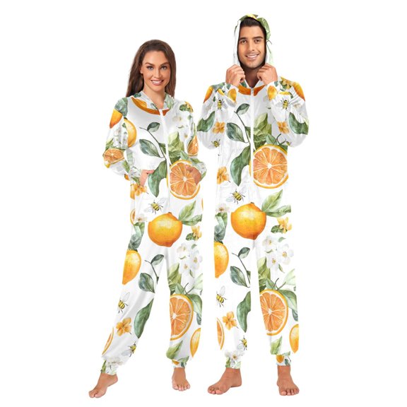 FORMRS Onesies Pajama for Adults Unisex Hoodie Winter Jumpsuit One Piece Sleepwear, Sizes S-2XL, Orange Watercolor Bees