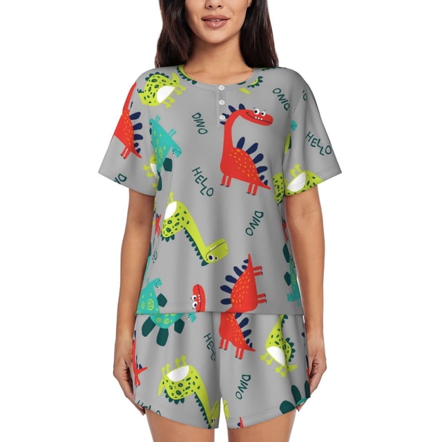 Balery Cute Dinosaur Conjunto de Pijama para Mujer con Estampado, Dos Piezas de Manga Corta y Shorts, Ropa de Dormir Suave con Cuello Redondo y Bolsillos-X-Large