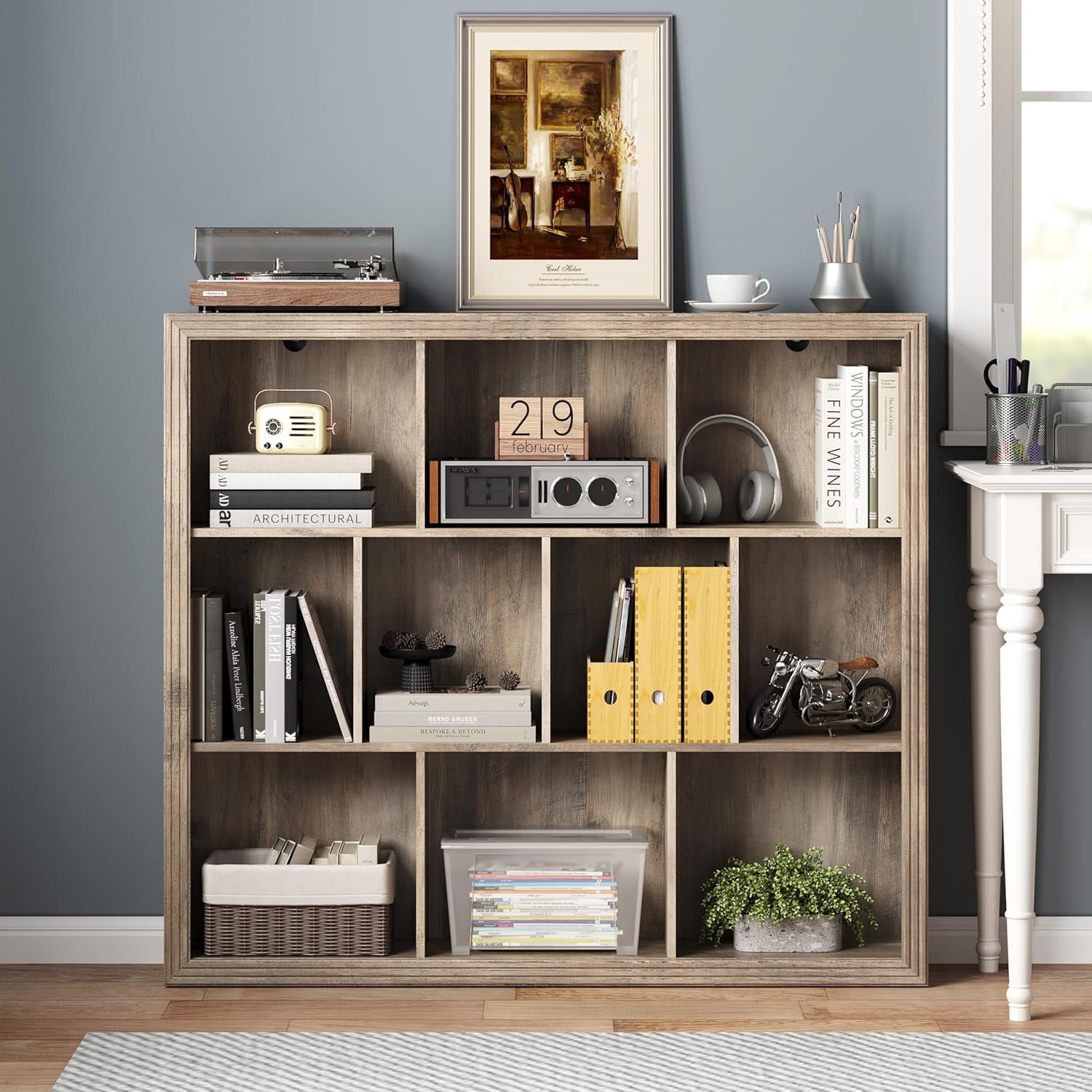 PUFFCAFE Book Shelf with 10-Cube,3 Tier Open Book Cases,Floor Standing 38" Tall bookshelf,Wooden Display Shelves,Gray Bookcase