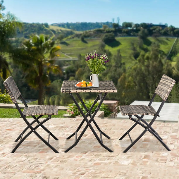 3 Piece Patio Folding Bistro Set Outdoor Wicker Conversation With 2 Chairs 1 Table - Folding Patio Table And 2 Chairs