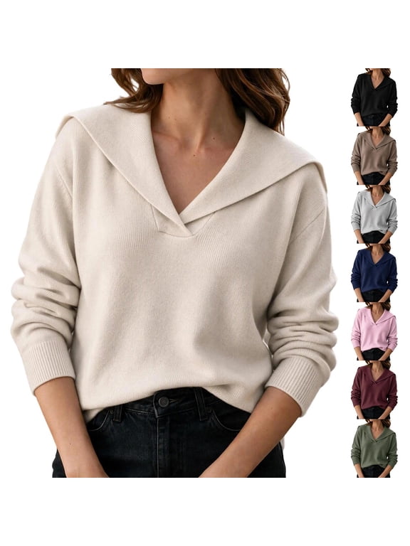 Women's Solid Sailor Collar Pullover Sweater V Neck Long Sleeve Knit Top Soft Relaxed Fit Casual Shirt for Daily Office Wear