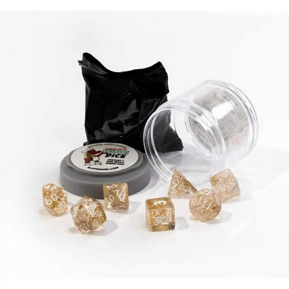 Glitter Gold Boss Dice Set 16mm (5/8 inch) Dungeon Dice with Random Miniature Included Reaper