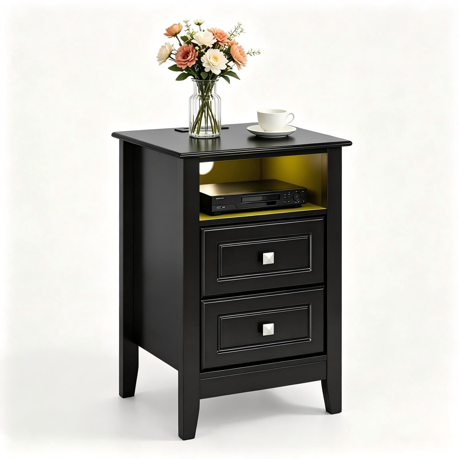 Astoutdoor 2-Drawer Bedside Table with Shelves, Socket, and 16-Color Light, Black, 15.75 x 13.78 x 23.62 in