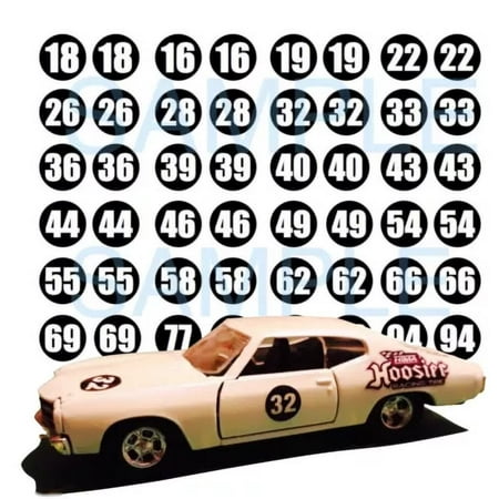 1:64 RACING NUMBERS WATER-SLIDE DECALS FOR HOT WHEELS, MATCHBOX, SLOT CAR: