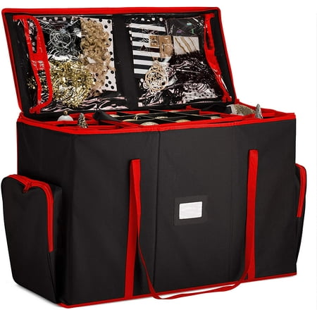 Super Rigid 2-in-1 Christmas Ornament Storage Box & Xmas Figurine Container - Easy Access Removable Trays Keeps 73 Holiday Ornaments - Adjustable Extent Area for Figurines and Pockets for Decoration