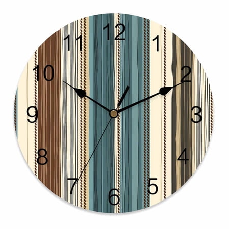 Wall Clock 12 Inch Boho Vintage Striped Round Silent Decorative Wall Clocks Battery Operated for Living Room Bedroom Kitchen Classroom Decor, Teal Brown Beige,Large