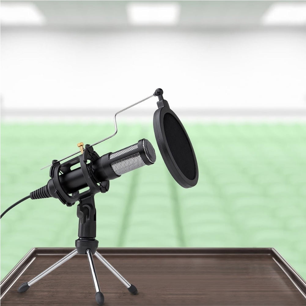 Kepooman Portable Plug & Play Computer Microphone with Adjustable Tripod Stand & Wind Screen Shield, Black