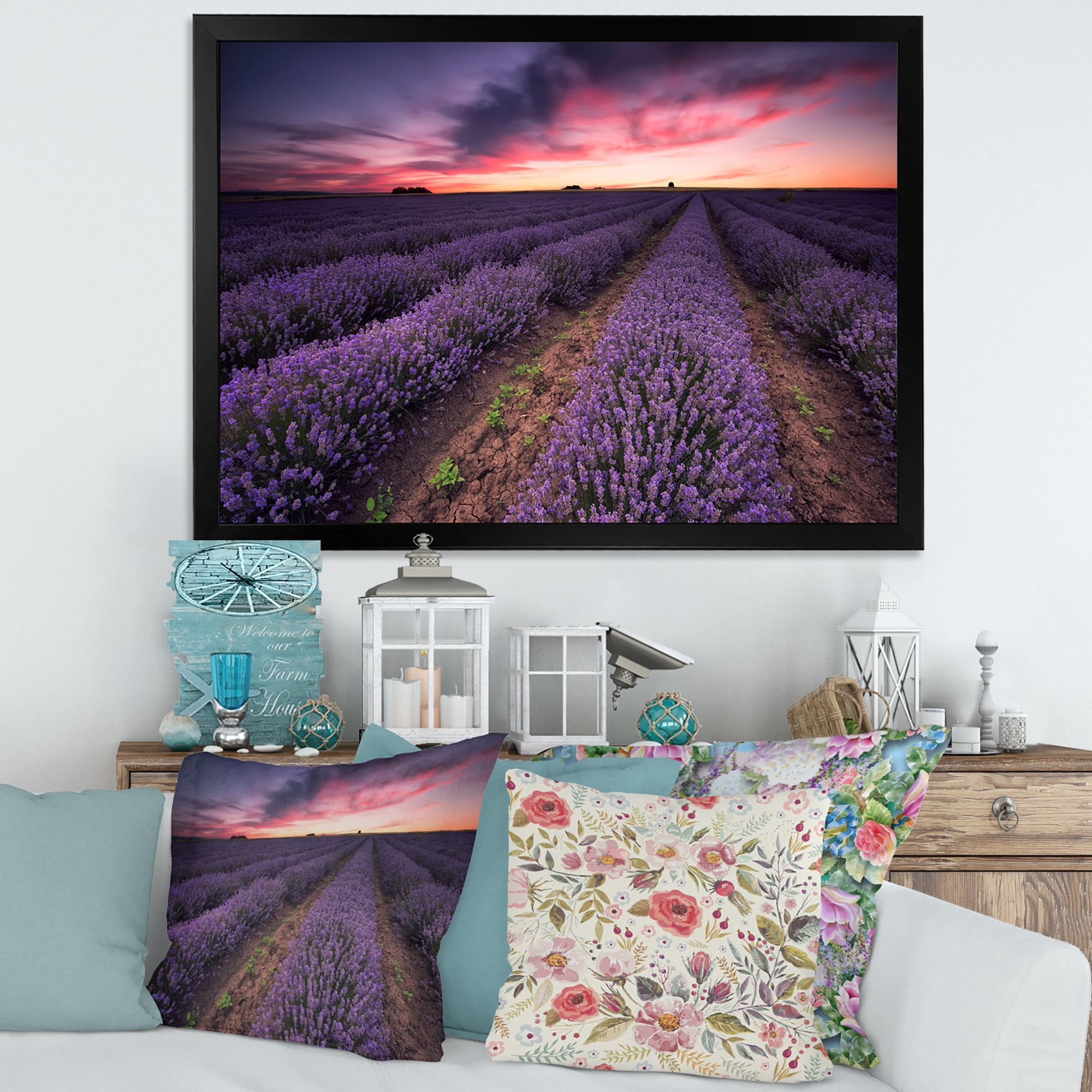 Designart 'Dramatic Clouds and Sunrise Over Lavender Field IX' Farmhouse Framed Art Print