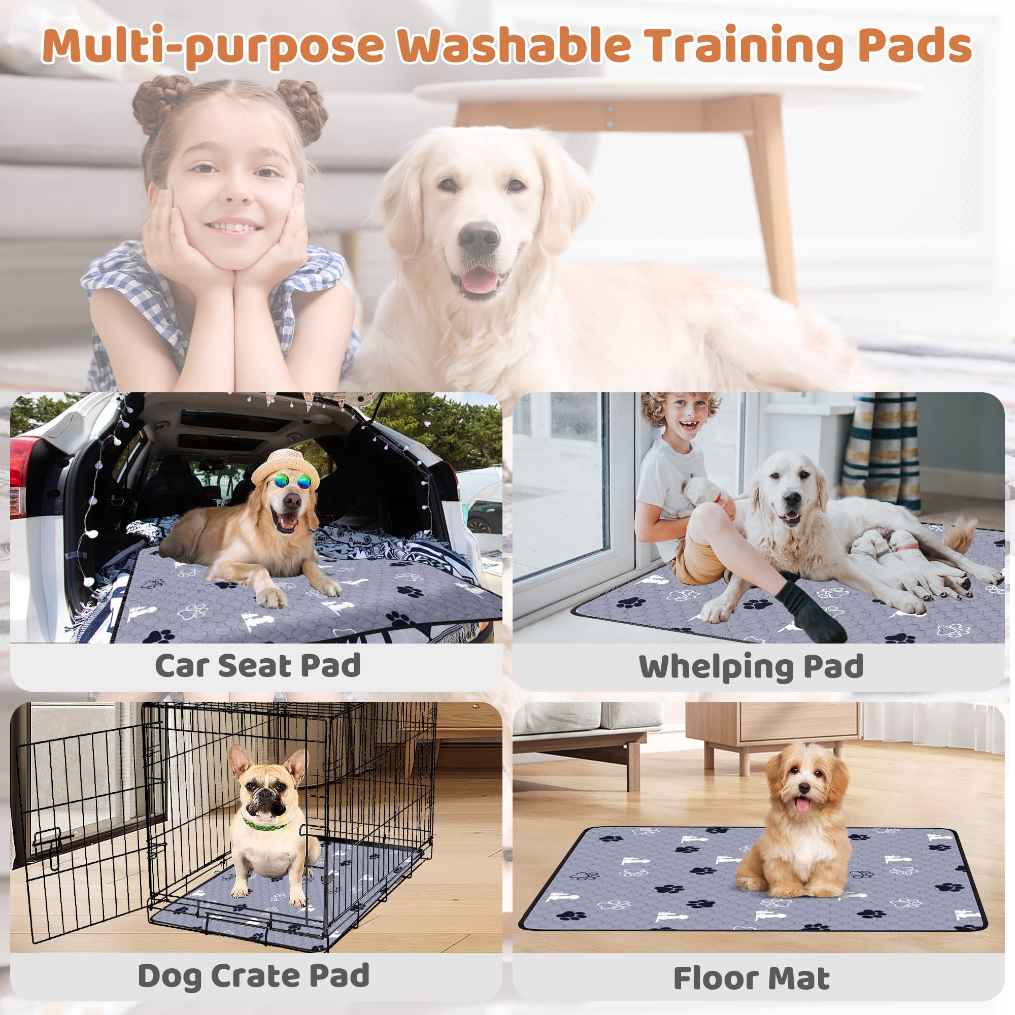 2 Pack 36" x 40" Washable Pee Pads for Dogs, Absorbent Reusable Puppy Pads, Non-Slip Pet Training Pads,Super Absorbent Pads for Playpen, Potty, Crate, Bed (with 60''L Dog Leash)