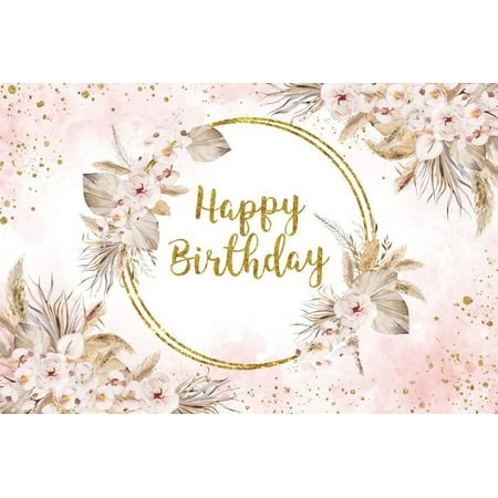 Image of Gold Pink Glitter Flowers Happy Birthday Background Floral Party Decor Women Portrait Custom Photography Backdrop
