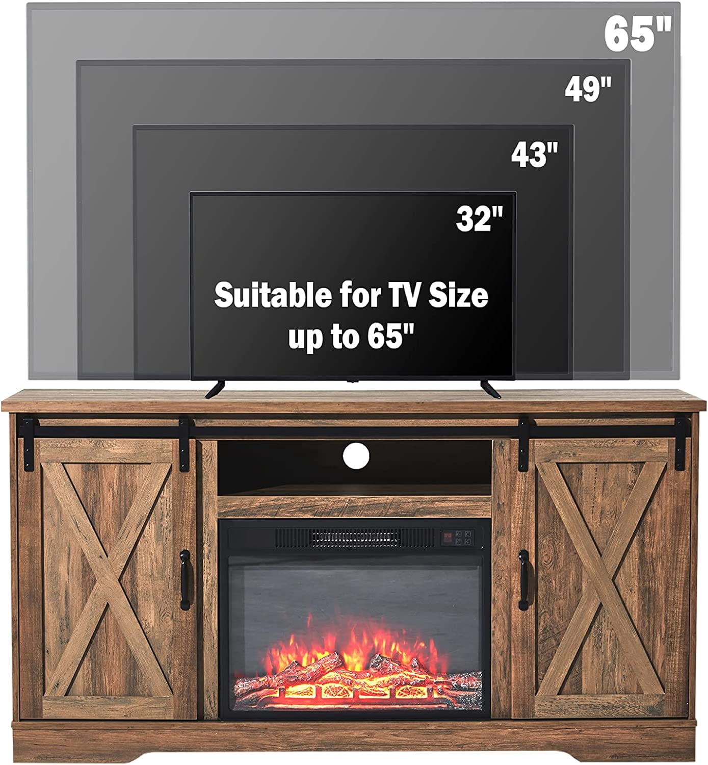 VANACC 59" Farmhouse Fireplace Entertainment Center with Adjustable Shelves，Barnwood, TV Stand with Sliding Barn Door for TVs up to 65"