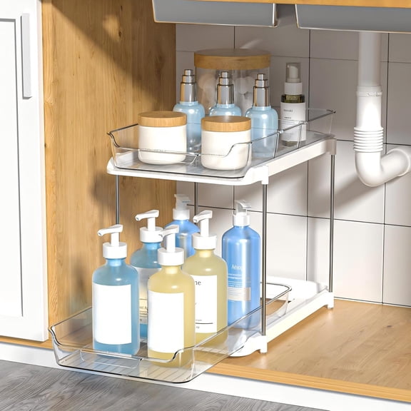 Thickoad 2-Tier Multi-Purpose Bathroom Under Sink Organizers and Storage, Stackable Kitchen Pantry Organization, Pull Out Medicine Cabinet Organizer with Movable Dividers, White, 1 Pack