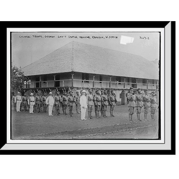 Historic Framed Print, Colonial troops, German Gov't station, Ebolowa, Kamerun, W. Africa, 17-7/8" x 21-7/8"